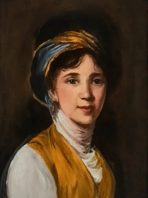 Mastercopy naar Élisabeth Vigée Le Brun: realistisch geschilderd portret van een vrouw met gele haarband en gele kleding door Leanne